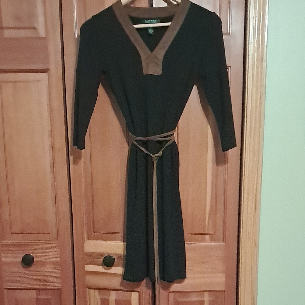 Ralph Lauren Black Midi Dress with Brown Trim and Belt